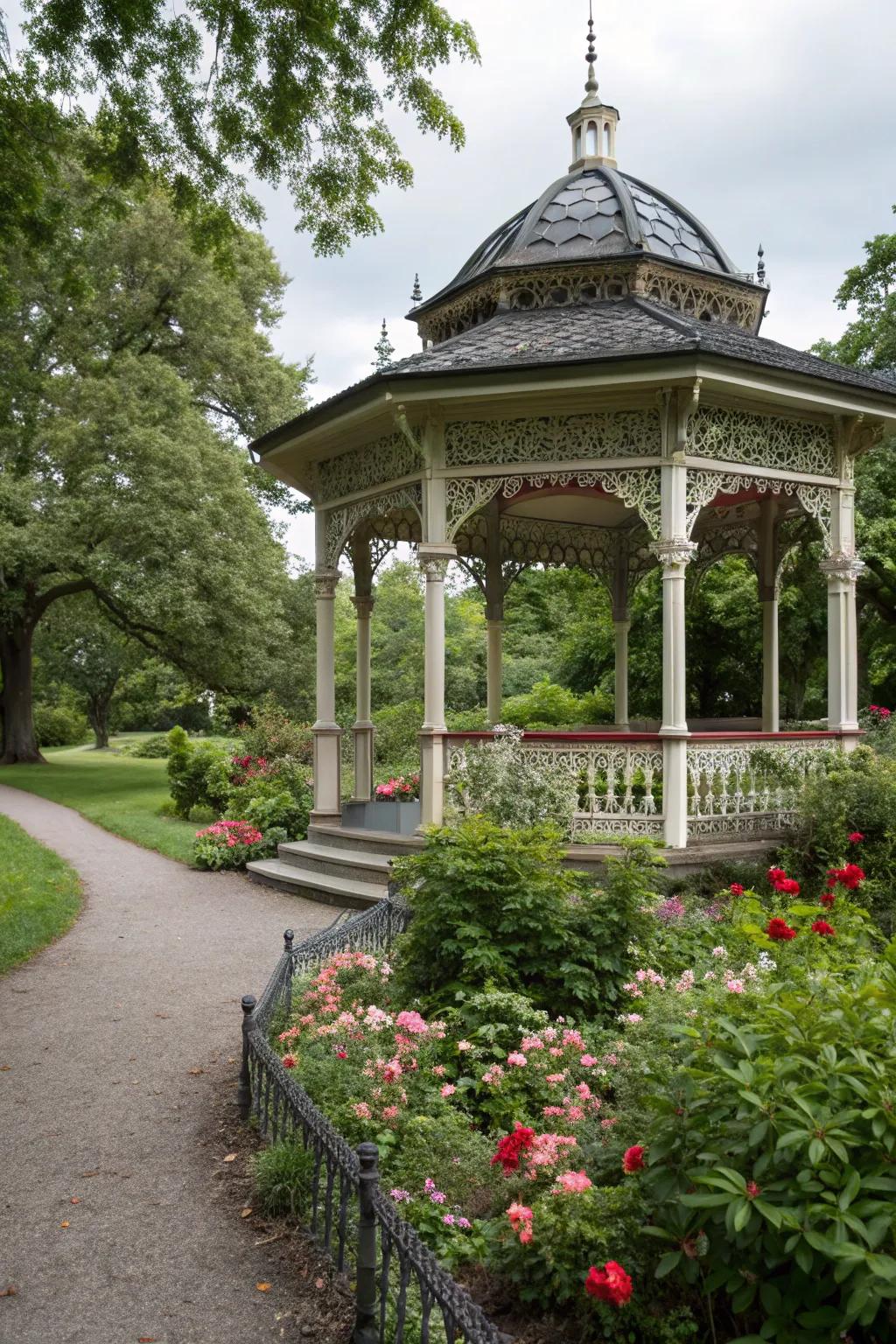 Ornate Victorian gazebo adding romantic flair to the garden.