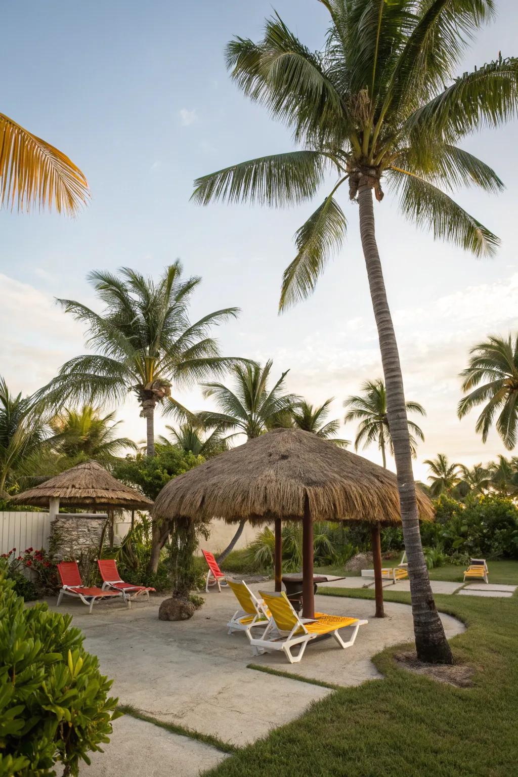 Thatched roofing adding tropical flair to outdoor space.