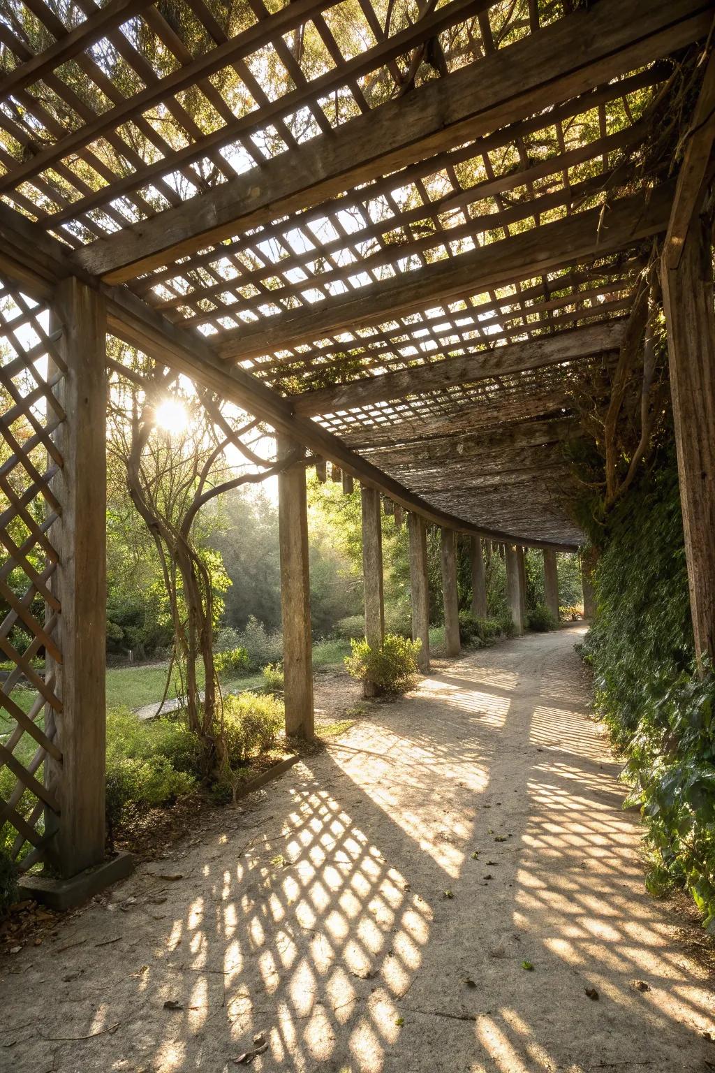 Rustic wooden lattice casting dappled sunlight in garden.