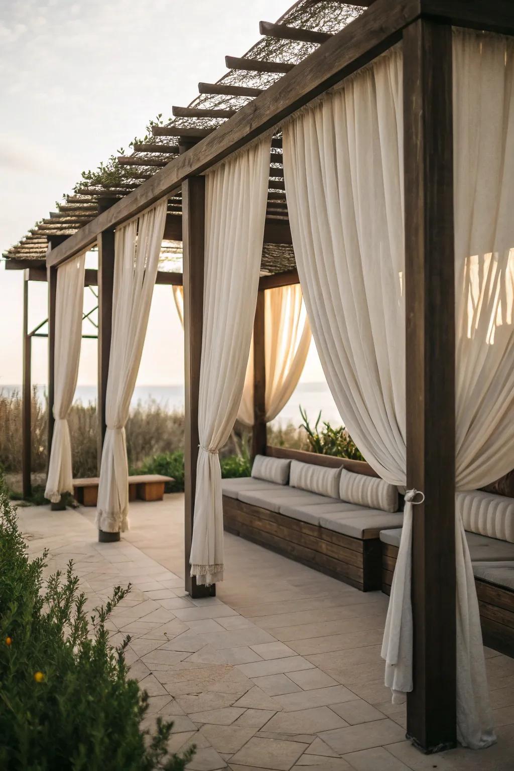 A private oasis with curtains around pergola bench seating.