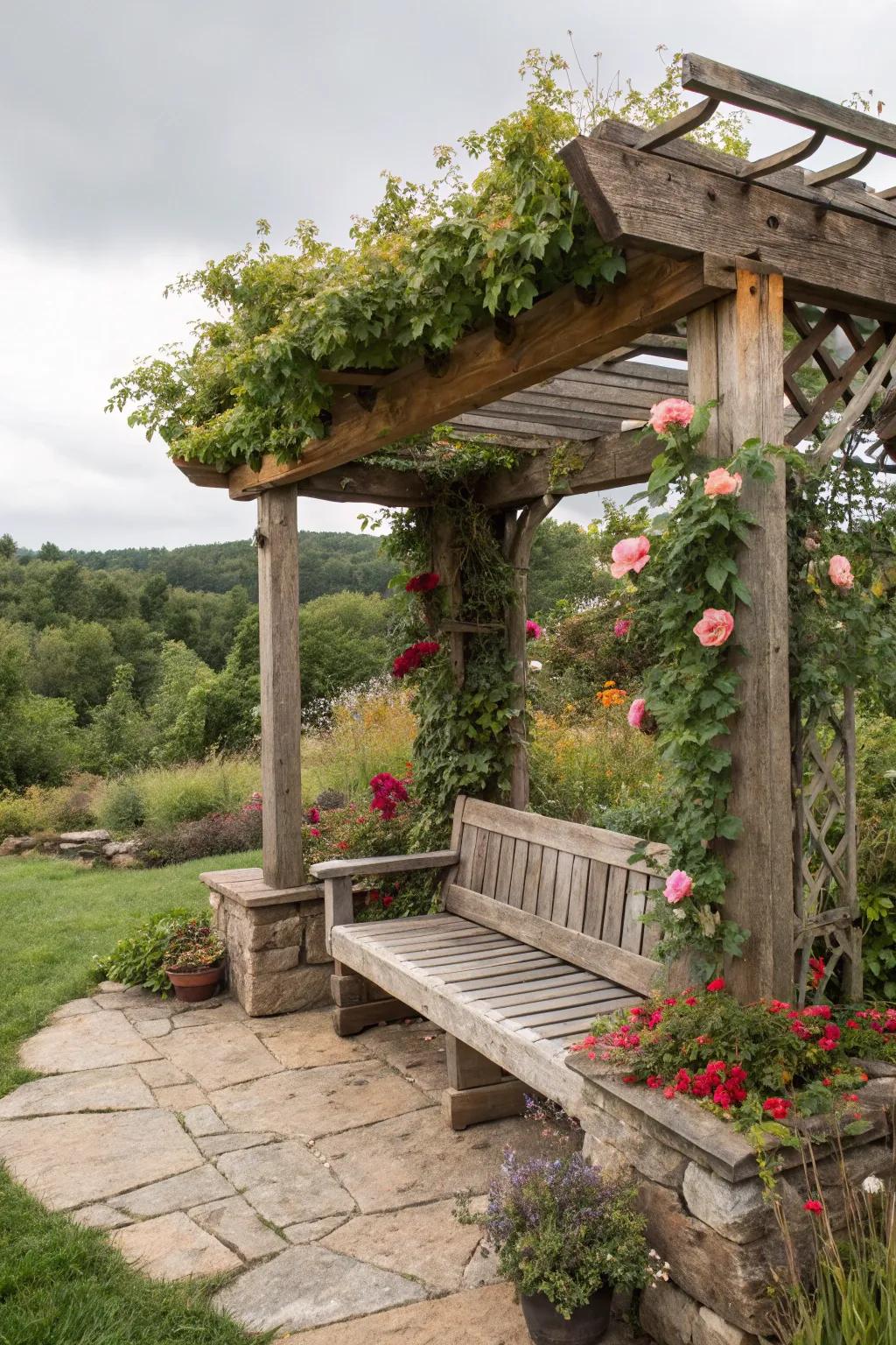 Rustic pergola featuring reclaimed wood bench seating.