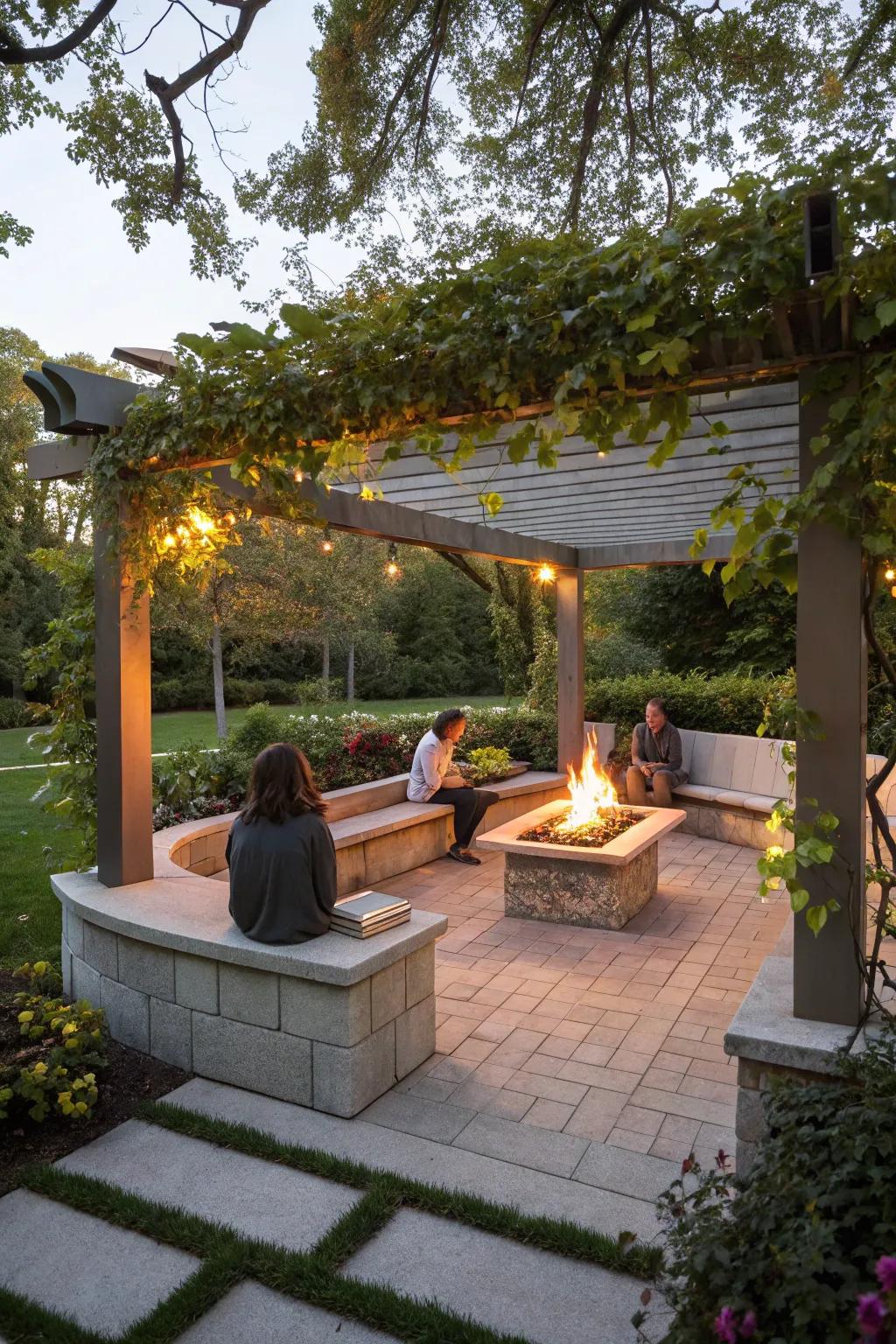 Bench seating around a fire pit under a pergola for cozy evenings.