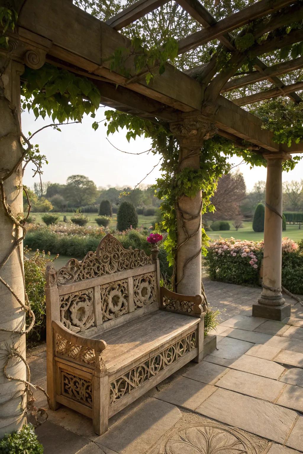 Artistic touches in pergola bench seating design.