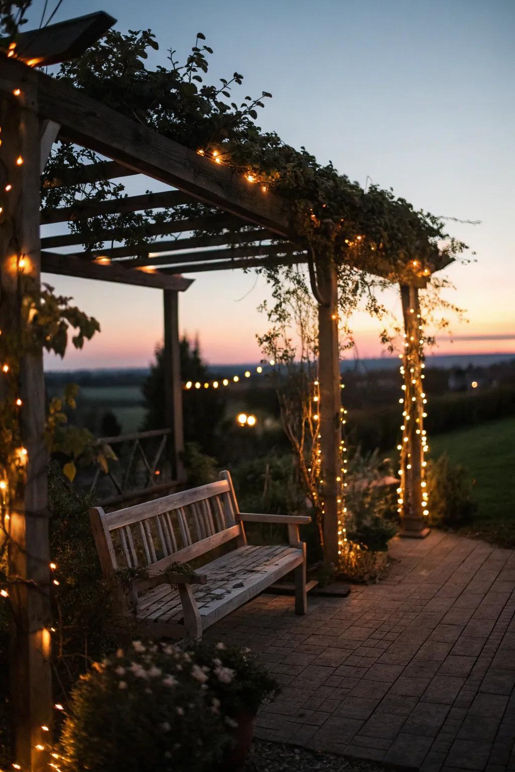 Romantic lighting around pergola bench seating.