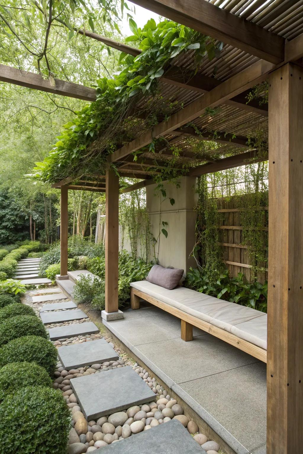A meditative Zen space with pergola bench seating.