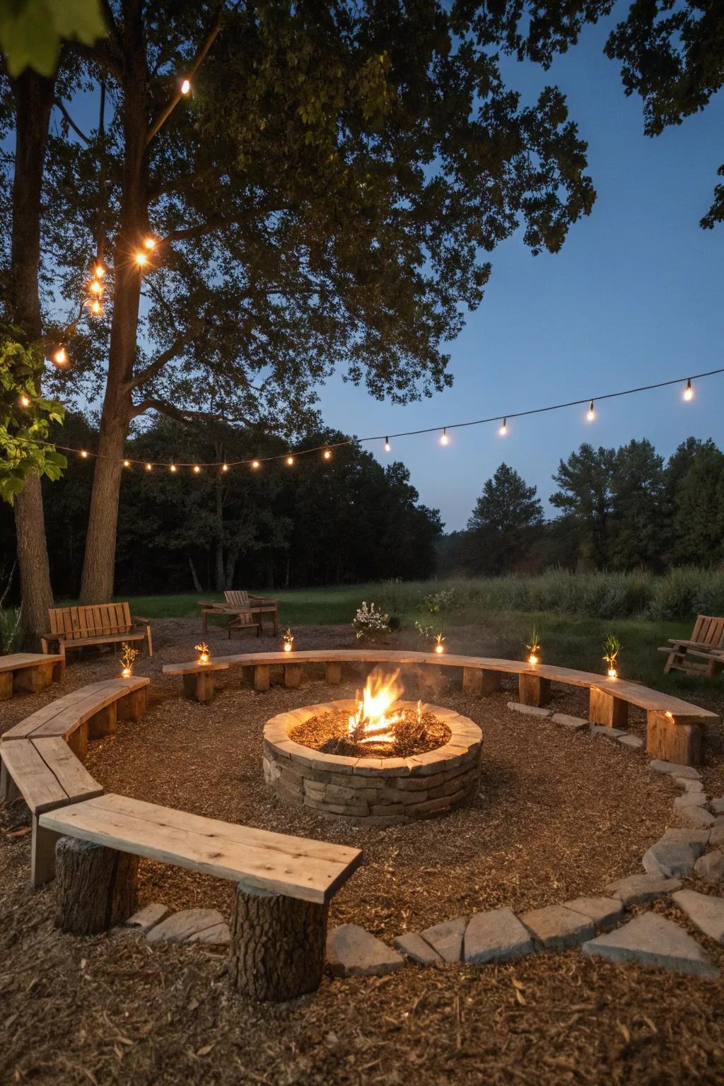 A fire pit area with mulch and seating