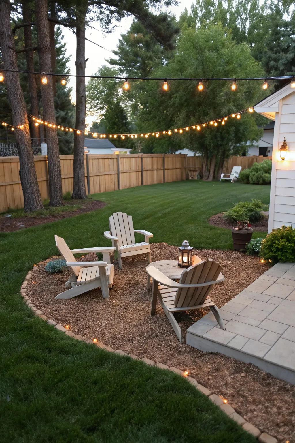 A cozy mulch lounge area with Adirondack chairs and string lights