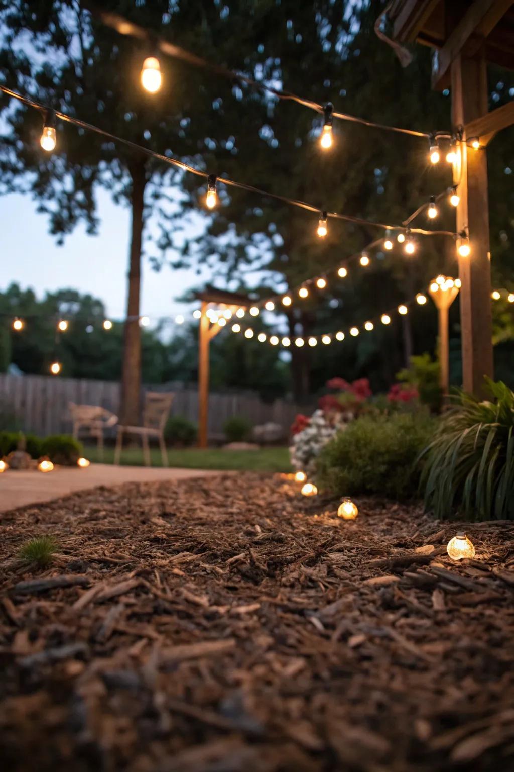 A mulch patio illuminated by string lights