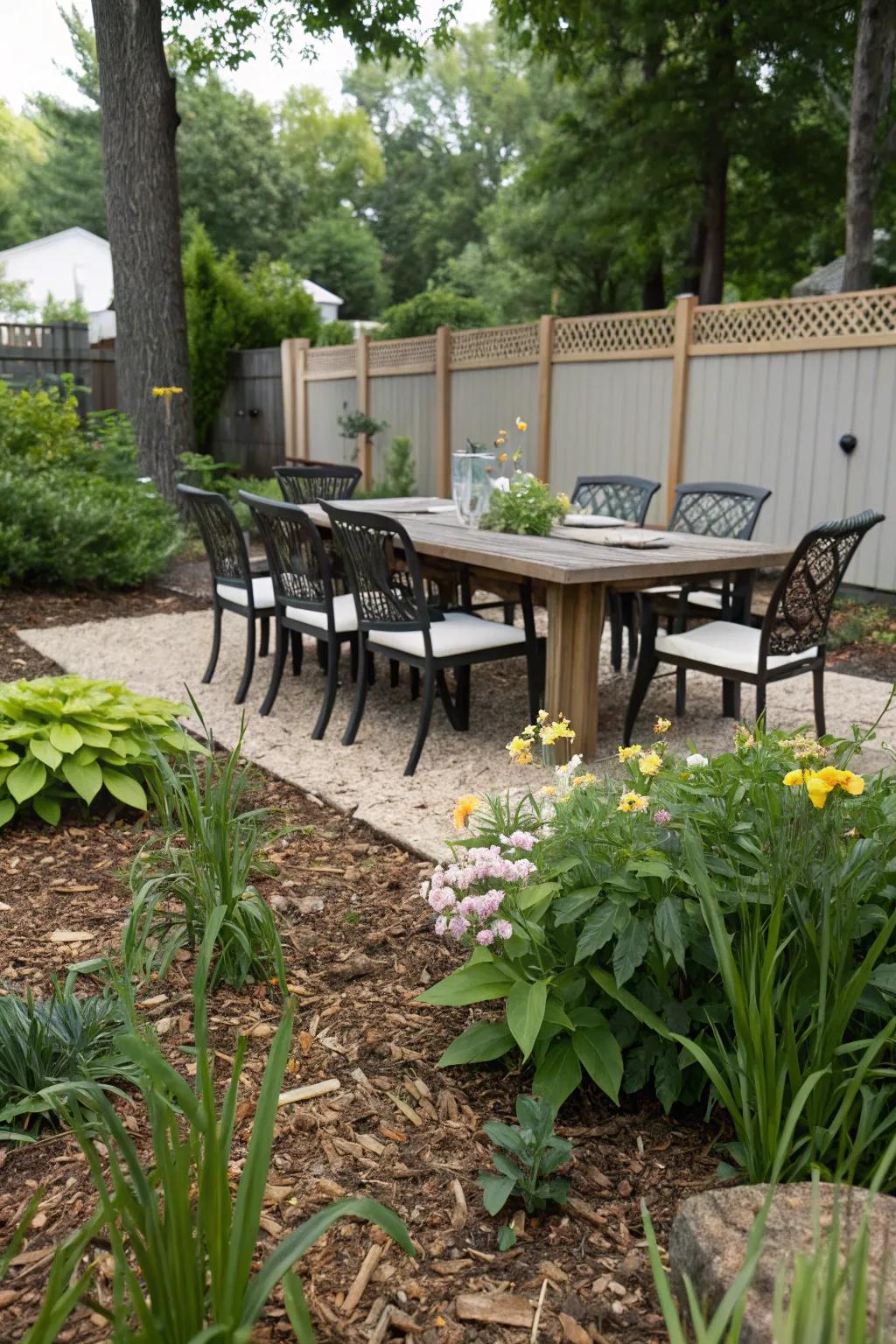 A backyard dining area on a mulch patio