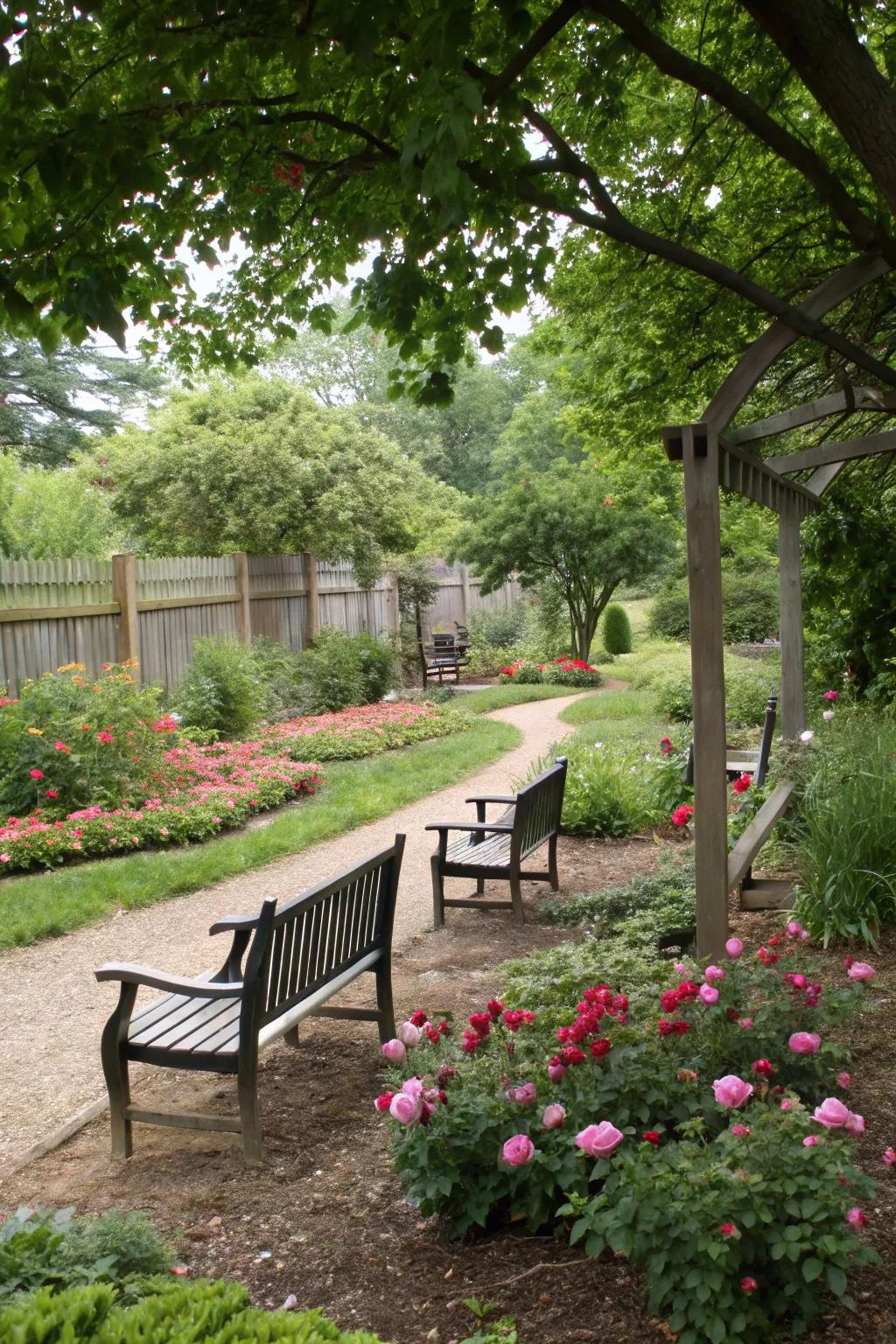 A natural seating area with mulch underfoot