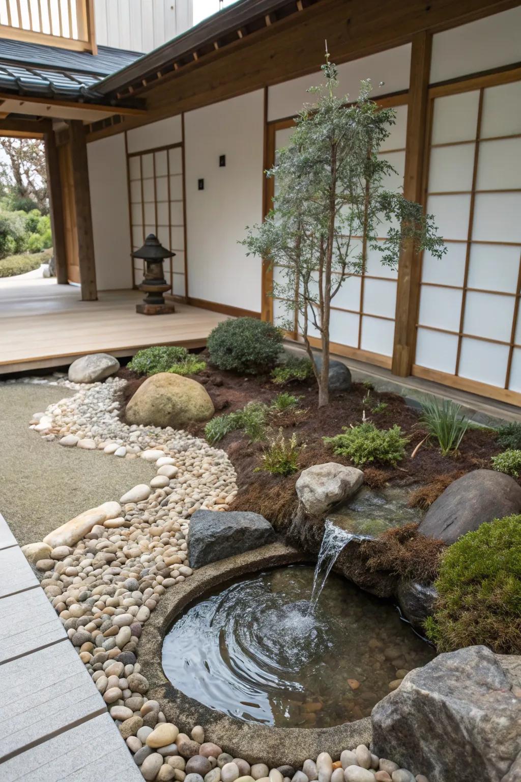 A tranquil zen corner with mulch and water features