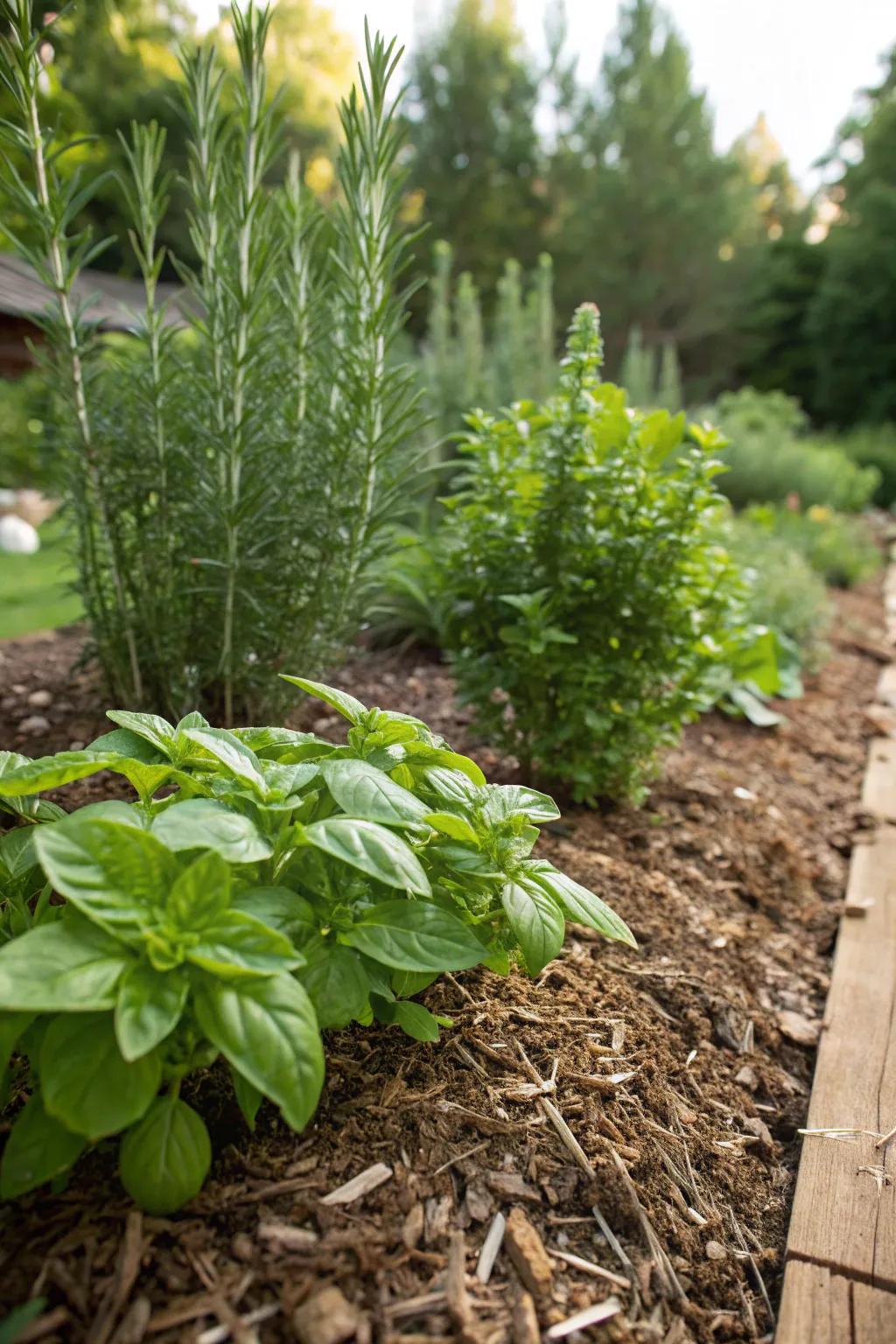 A thriving herb garden with mulch