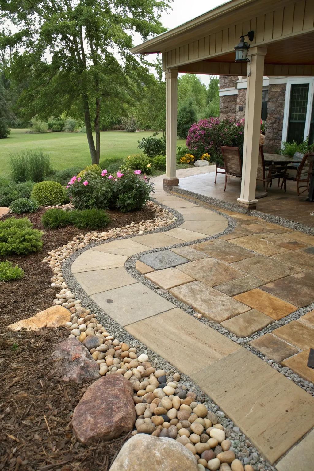 A decorative combo of mulch and stones