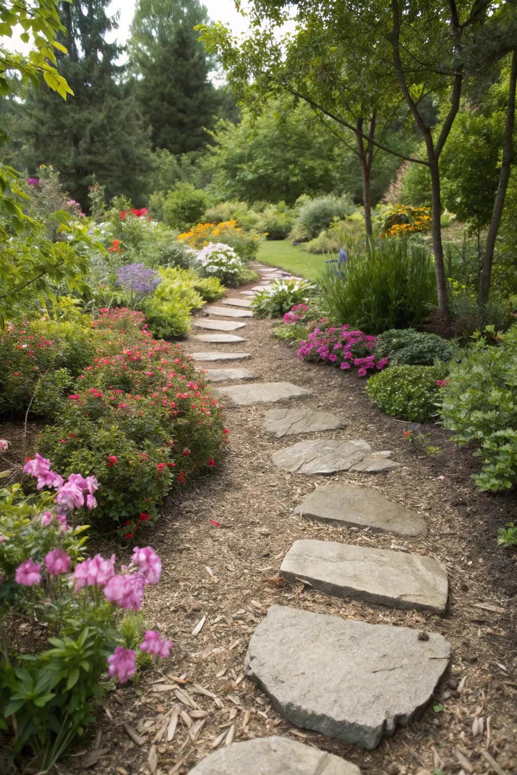 A garden pathway with stepping stones over mulch