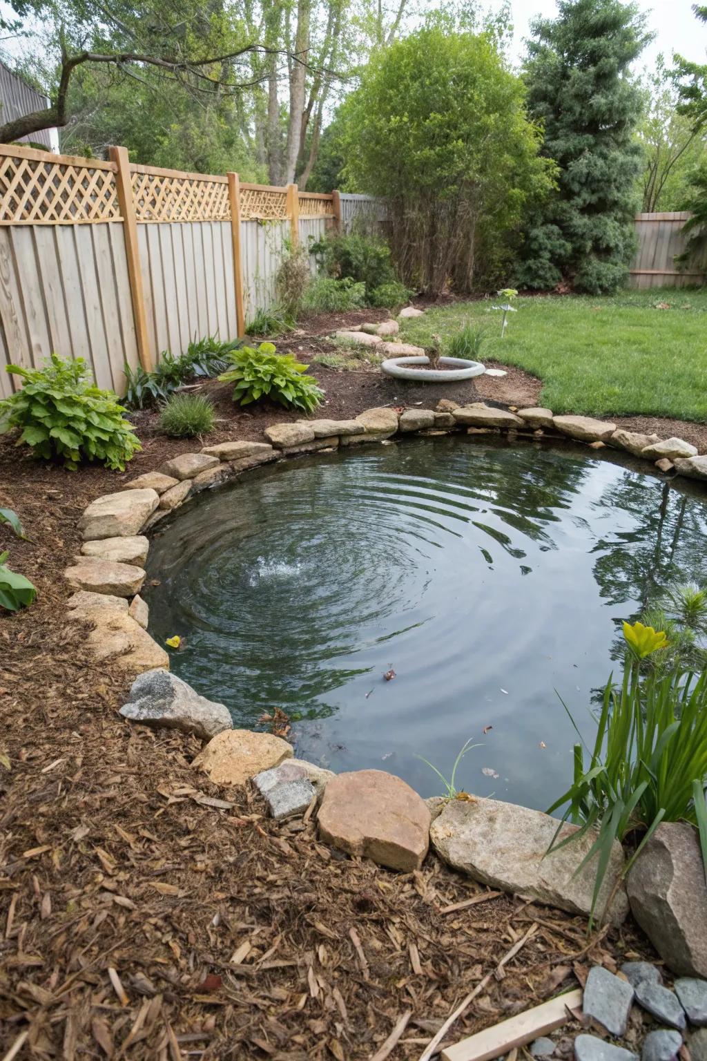 A water feature surrounded by mulch