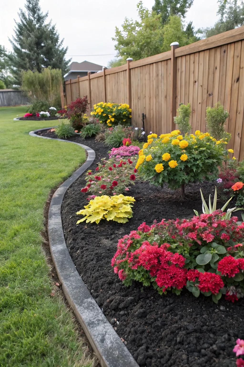 Defined garden borders with dark mulch