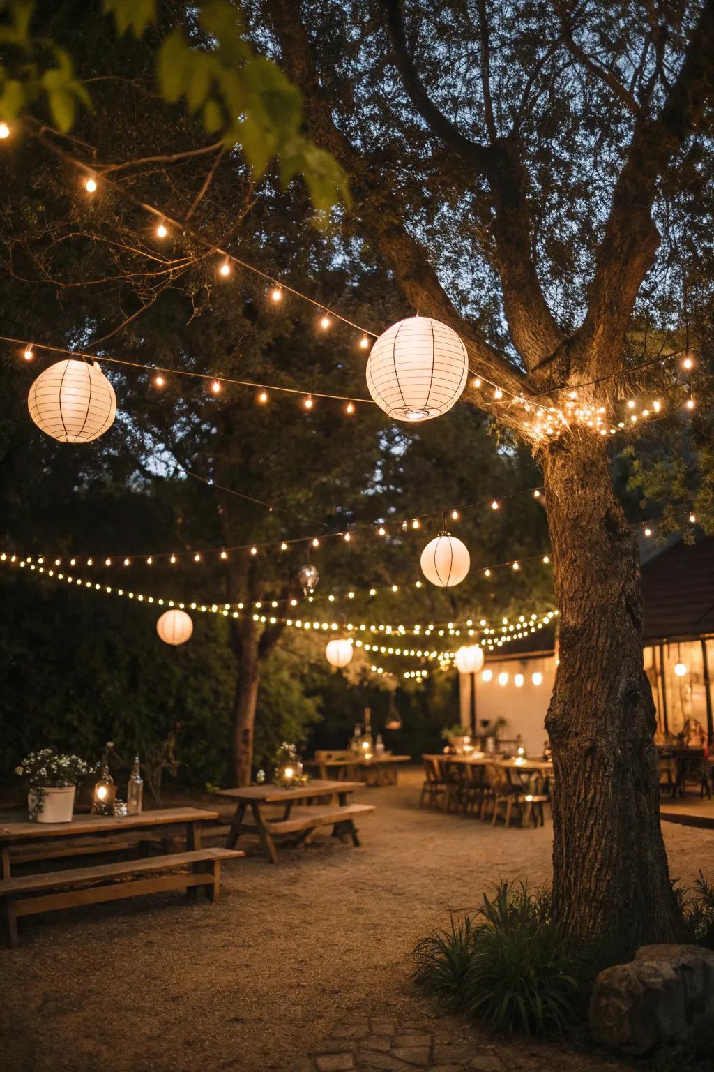 Whimsical lighting transforms the outdoor setting into a magical evening retreat.
