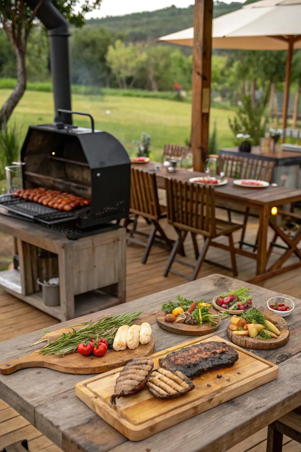 A lively'I Do BBQ' theme with delicious grilled offerings and a relaxed dining setup.