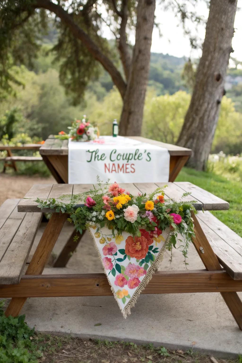 A personalized table runner adds a heartfelt touch to this beautifully set table.