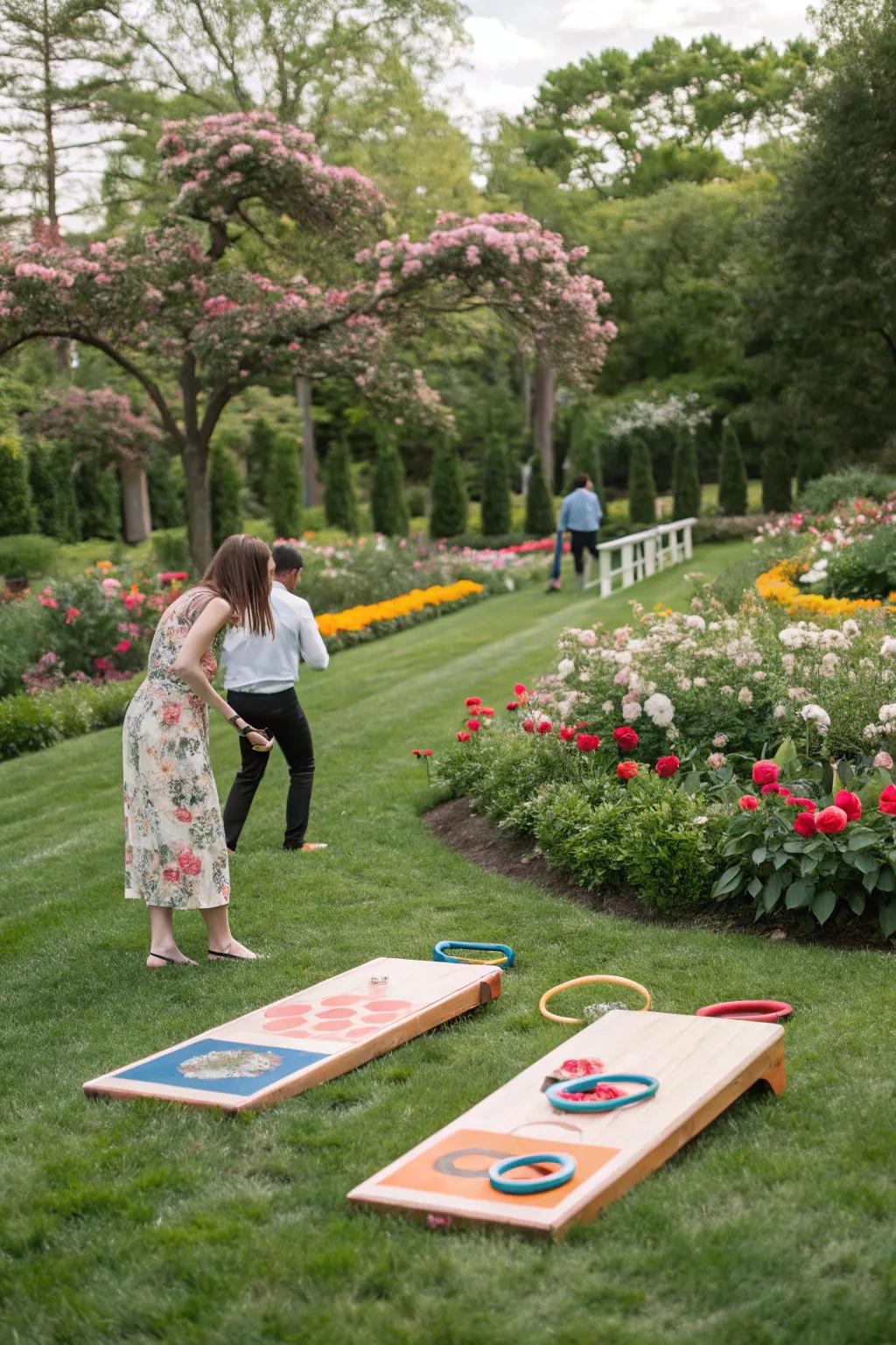 Guests enjoying classic garden games, adding fun and interaction to the celebration.