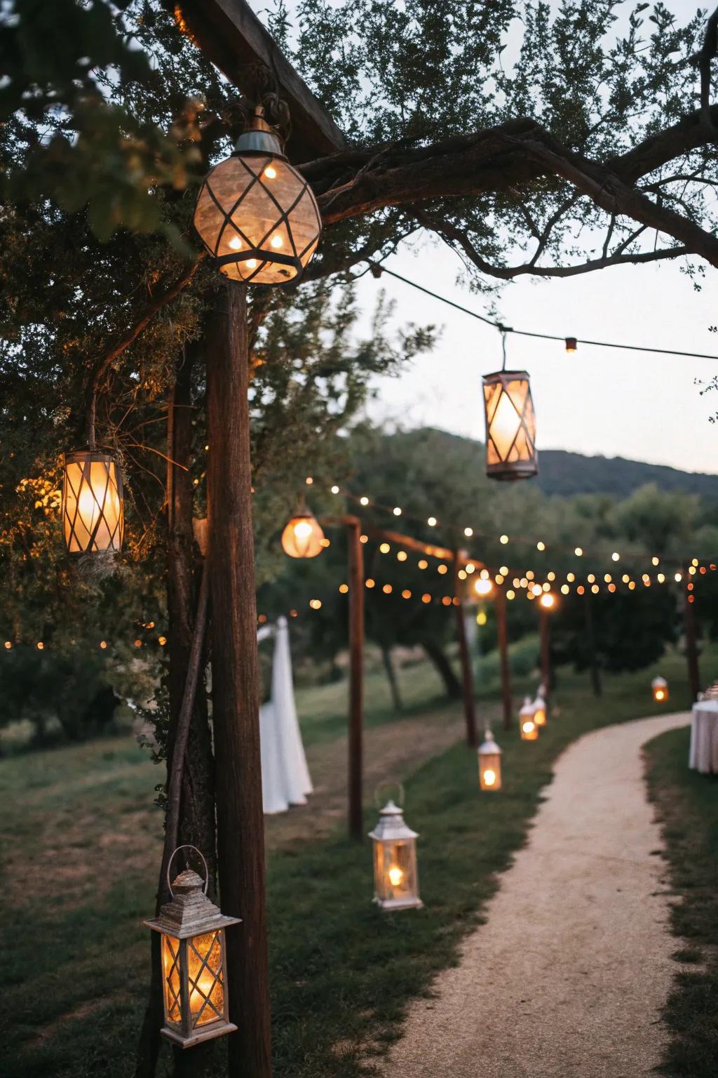 Hanging lanterns add a touch of enchantment and warmth to the outdoor celebration.