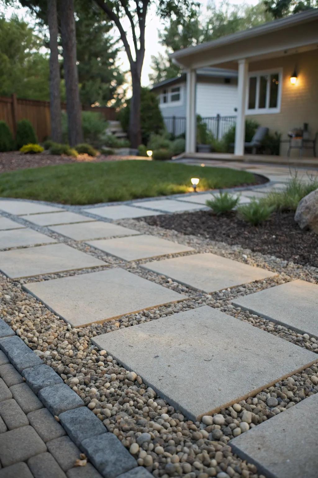 Mix materials for a unique driveway patio.