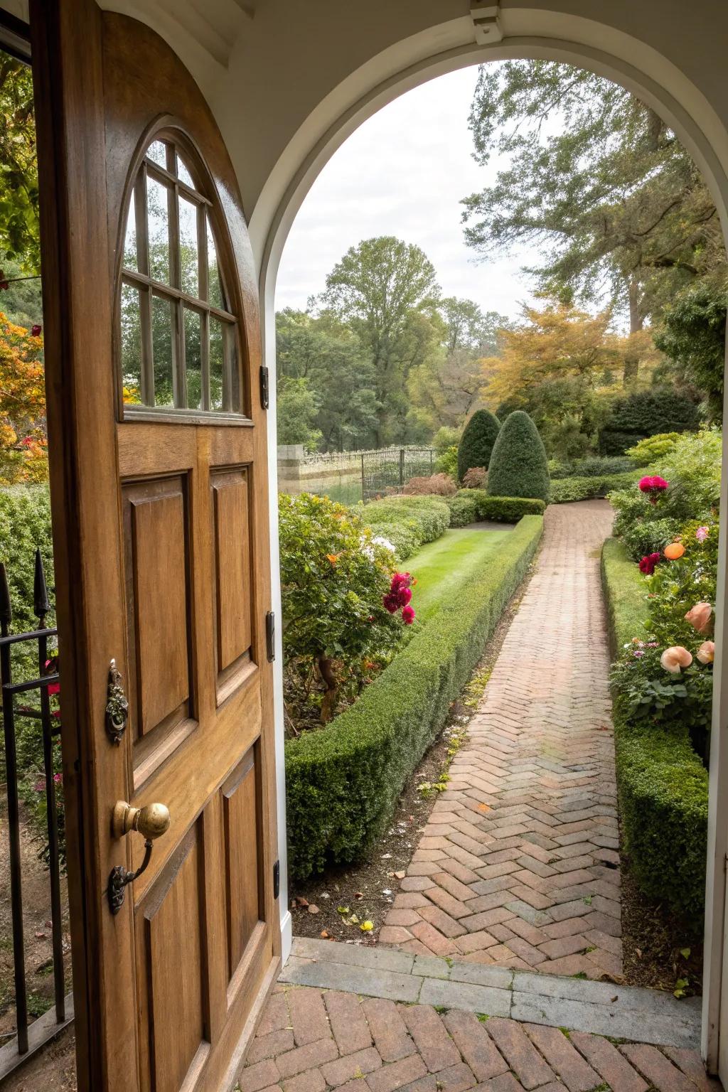 An arched single back door with a charming garden path.