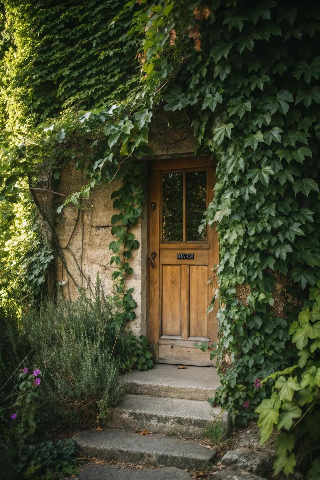 Single back door surrounded by a lush curtain of greenery.