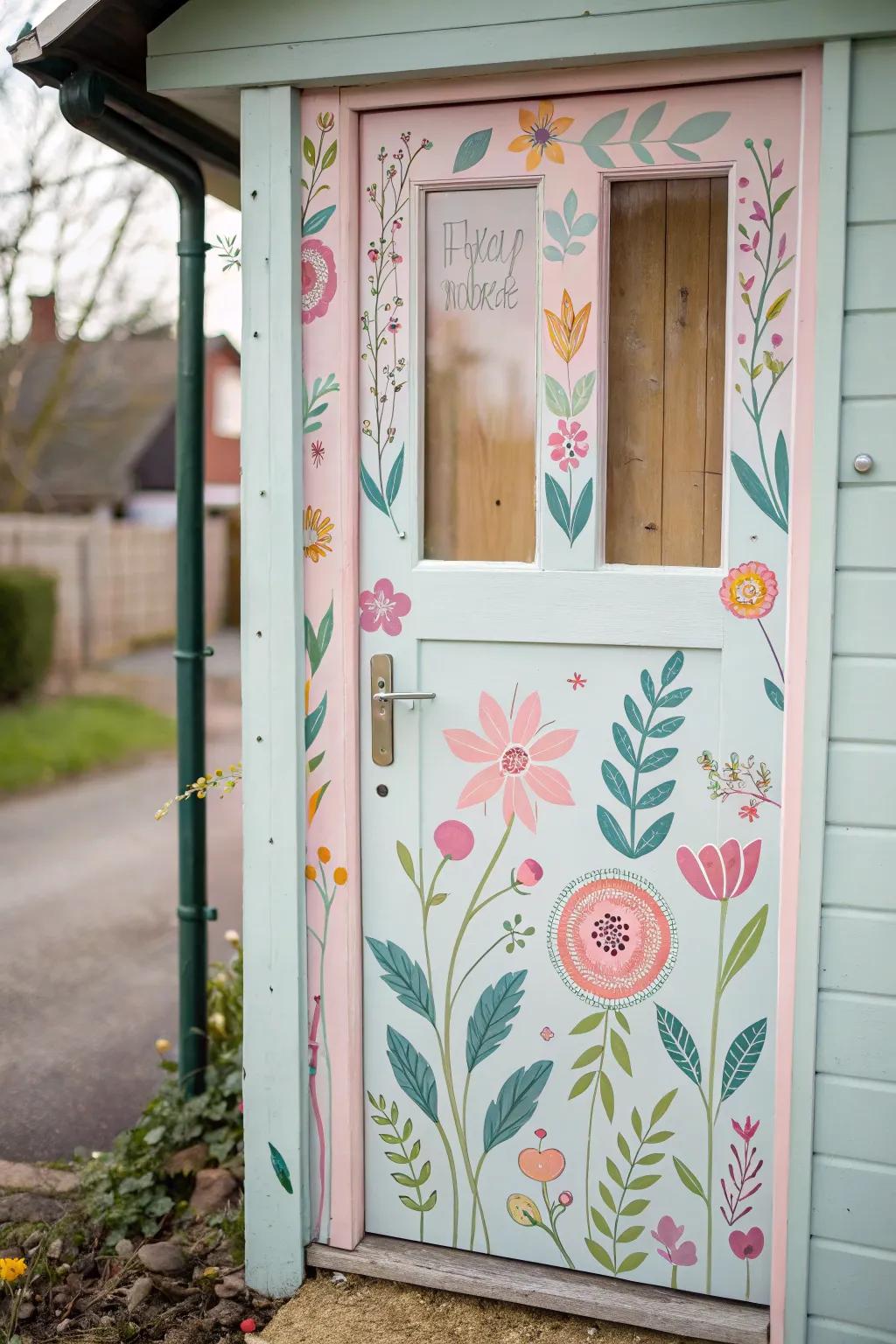 Single back door with playful floral stenciling.