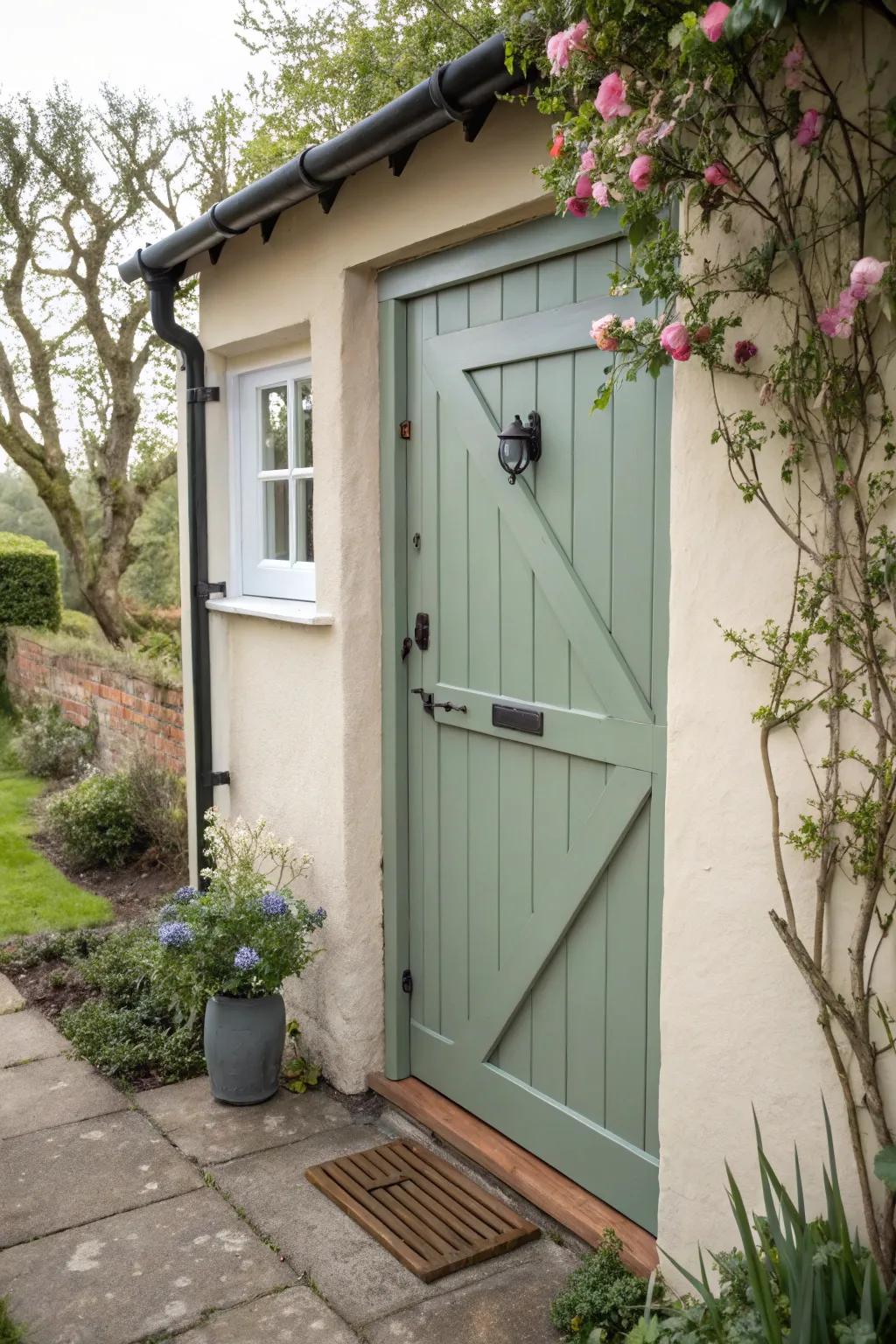 Cottage-style single back door with crossbars.
