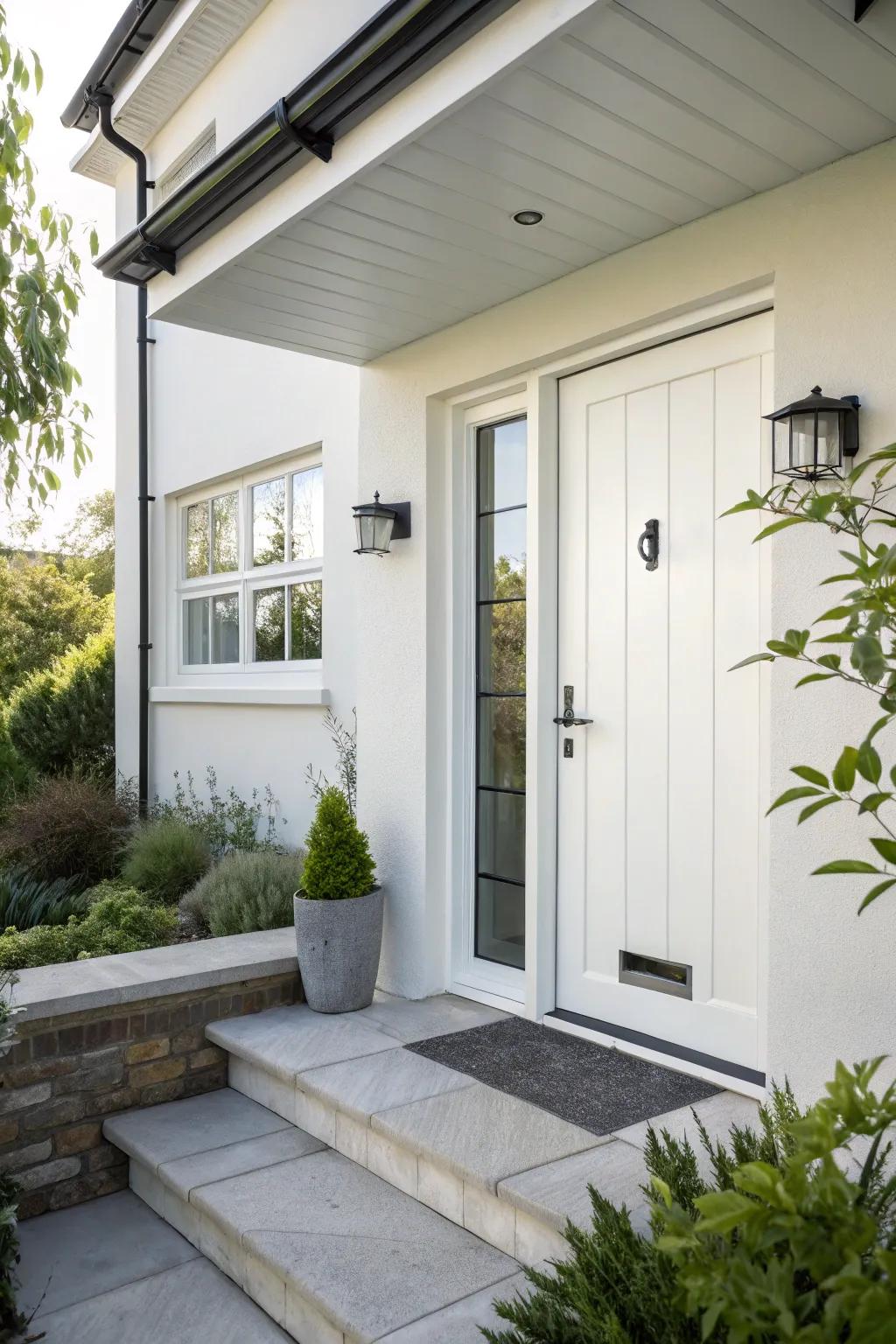 Bright white single back door on a modern home.