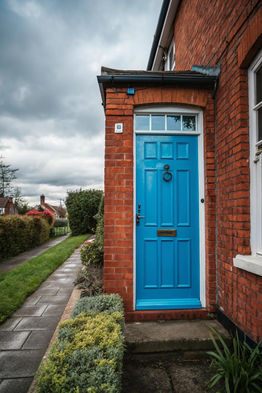 A vibrant colored single back door against a brick house.