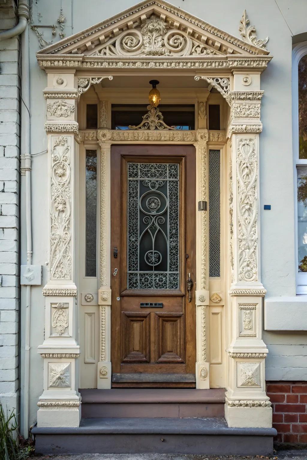Single back door with intricate framing details.