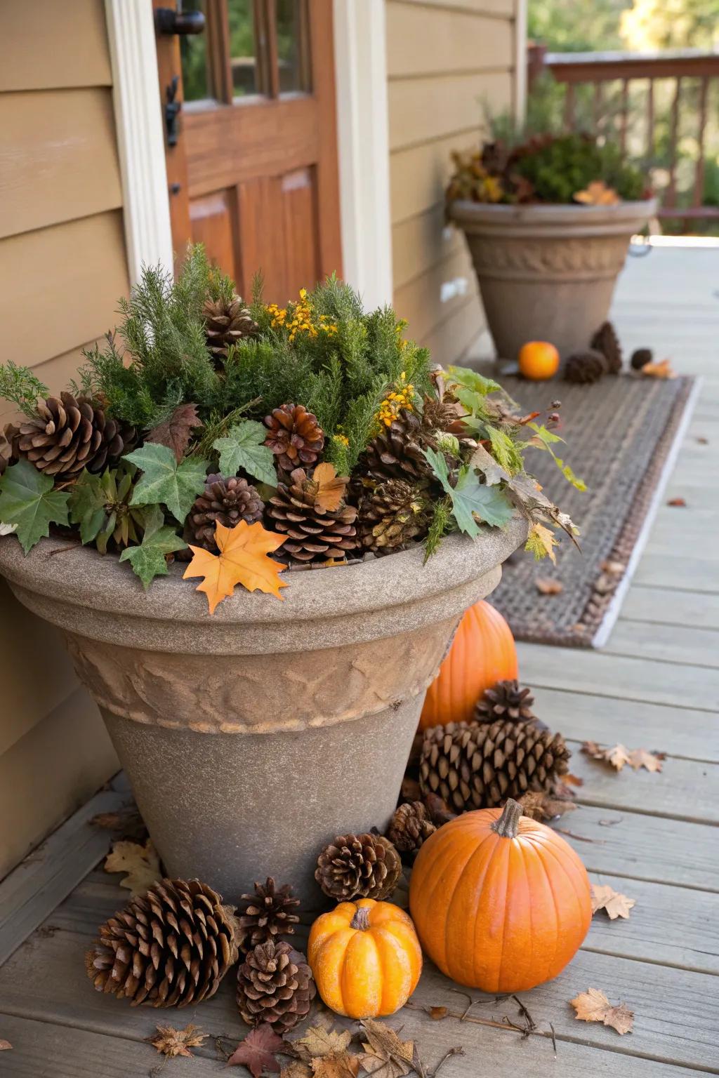 Natural elements of pinecones and mini pumpkins.