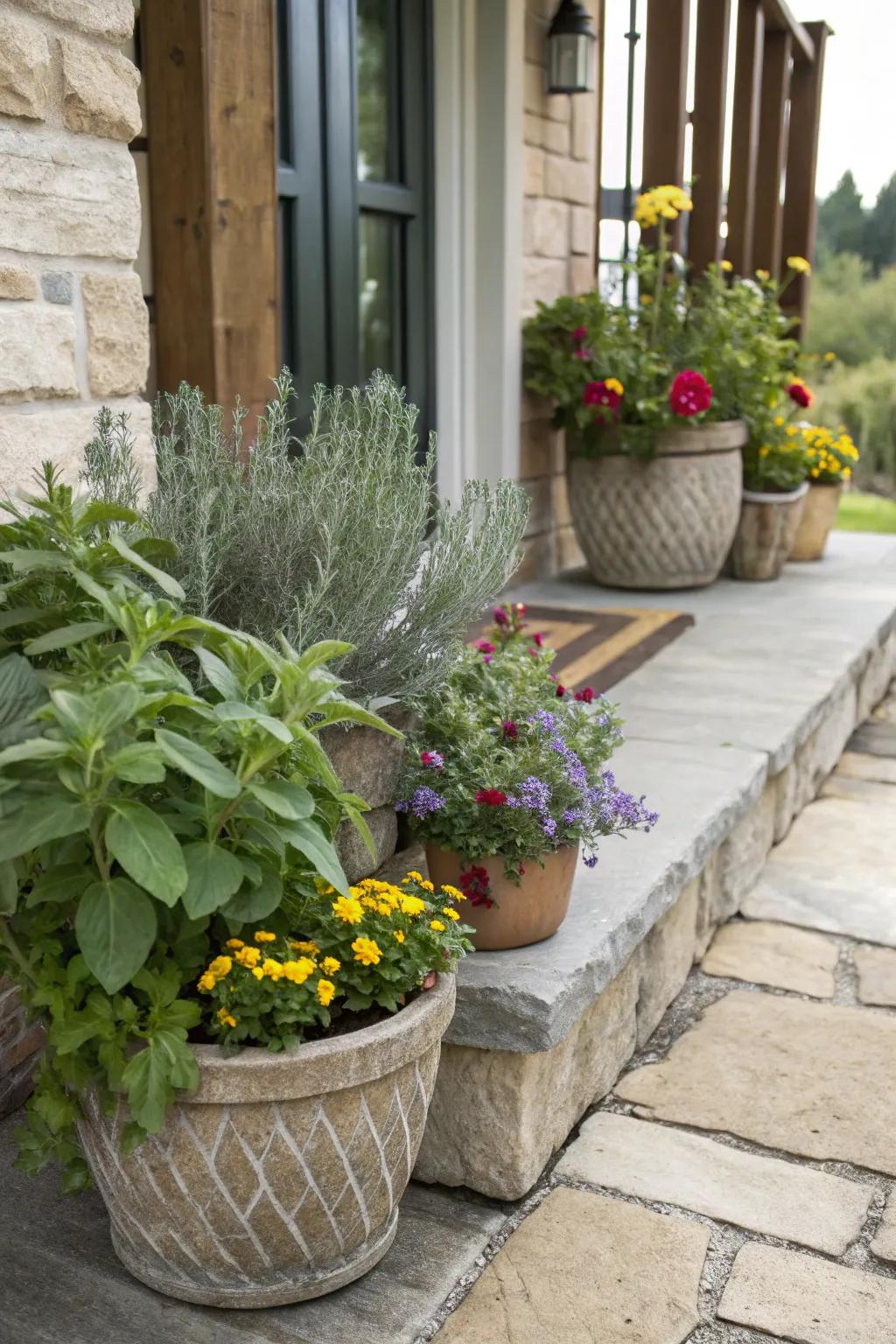 Fragrant and colorful herb and bloom arrangement.