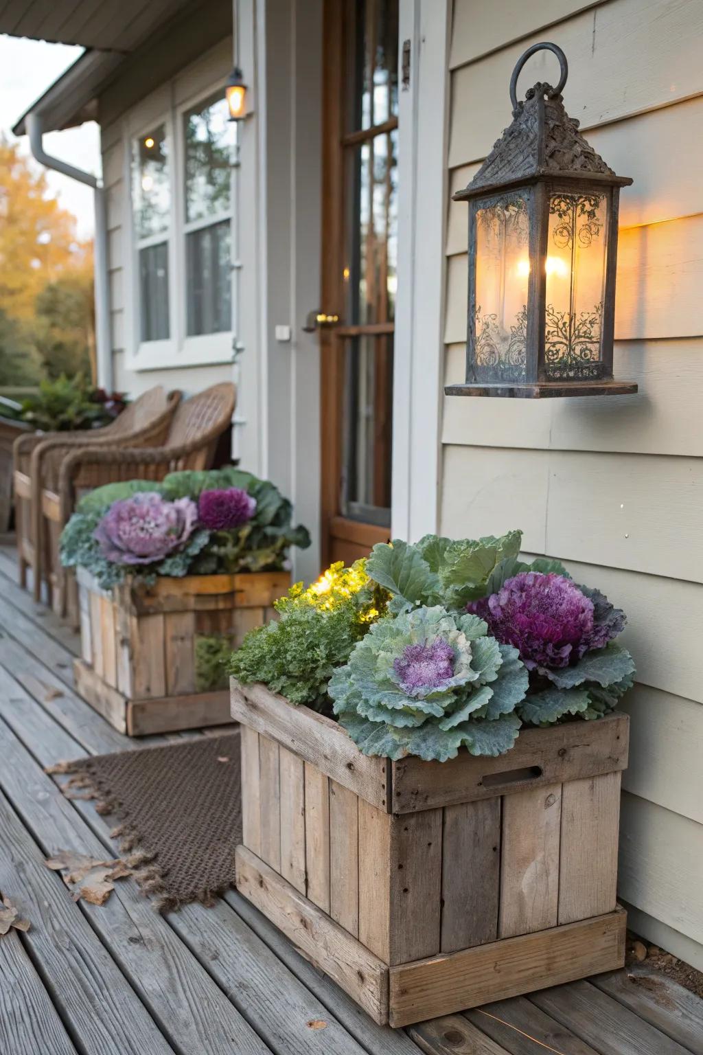 Ornamental cabbage adding rustic farmhouse charm.