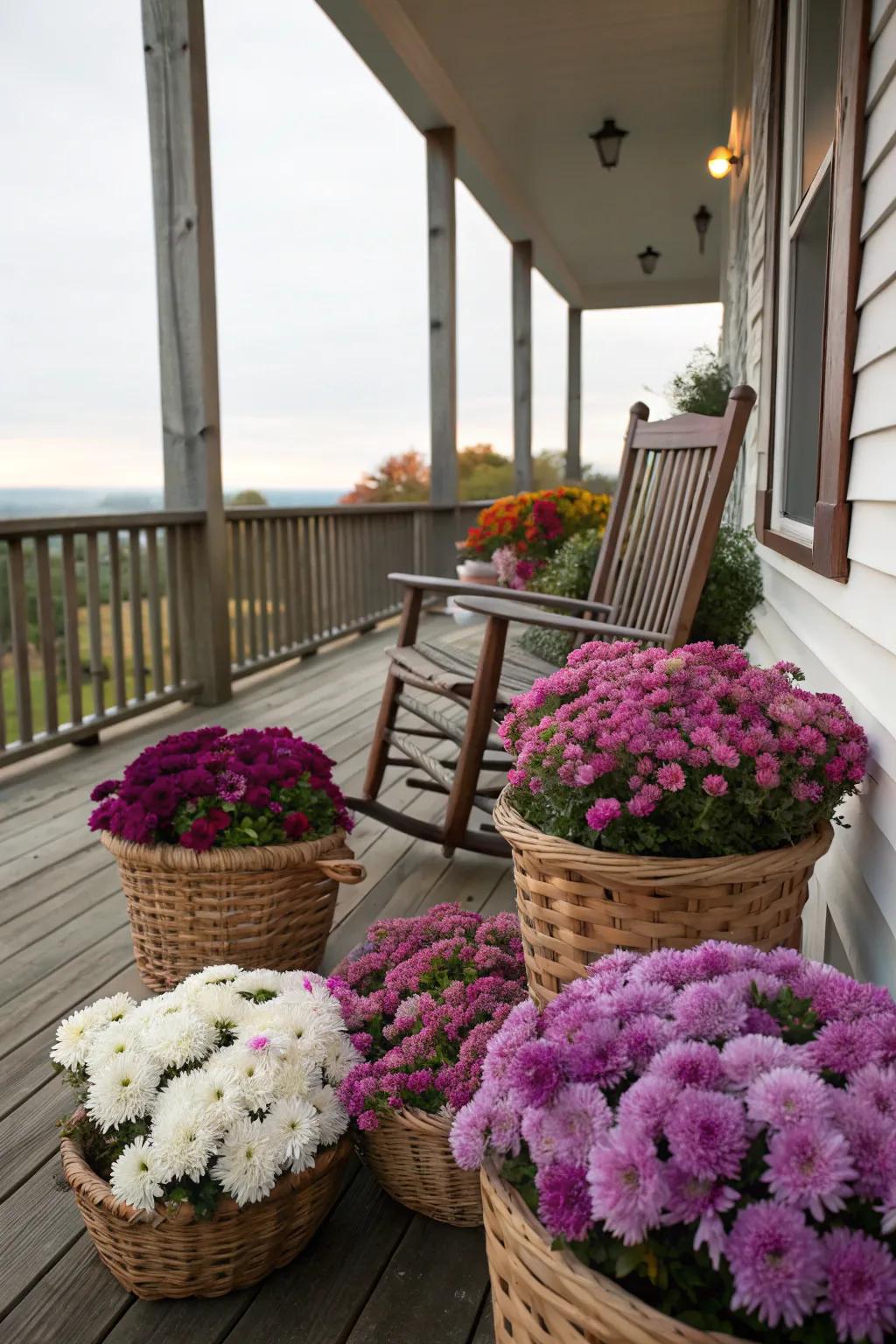 Colorful asters displayed in charming baskets.