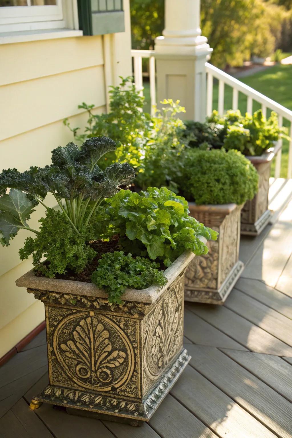 Edible greens combined with decorative plants.