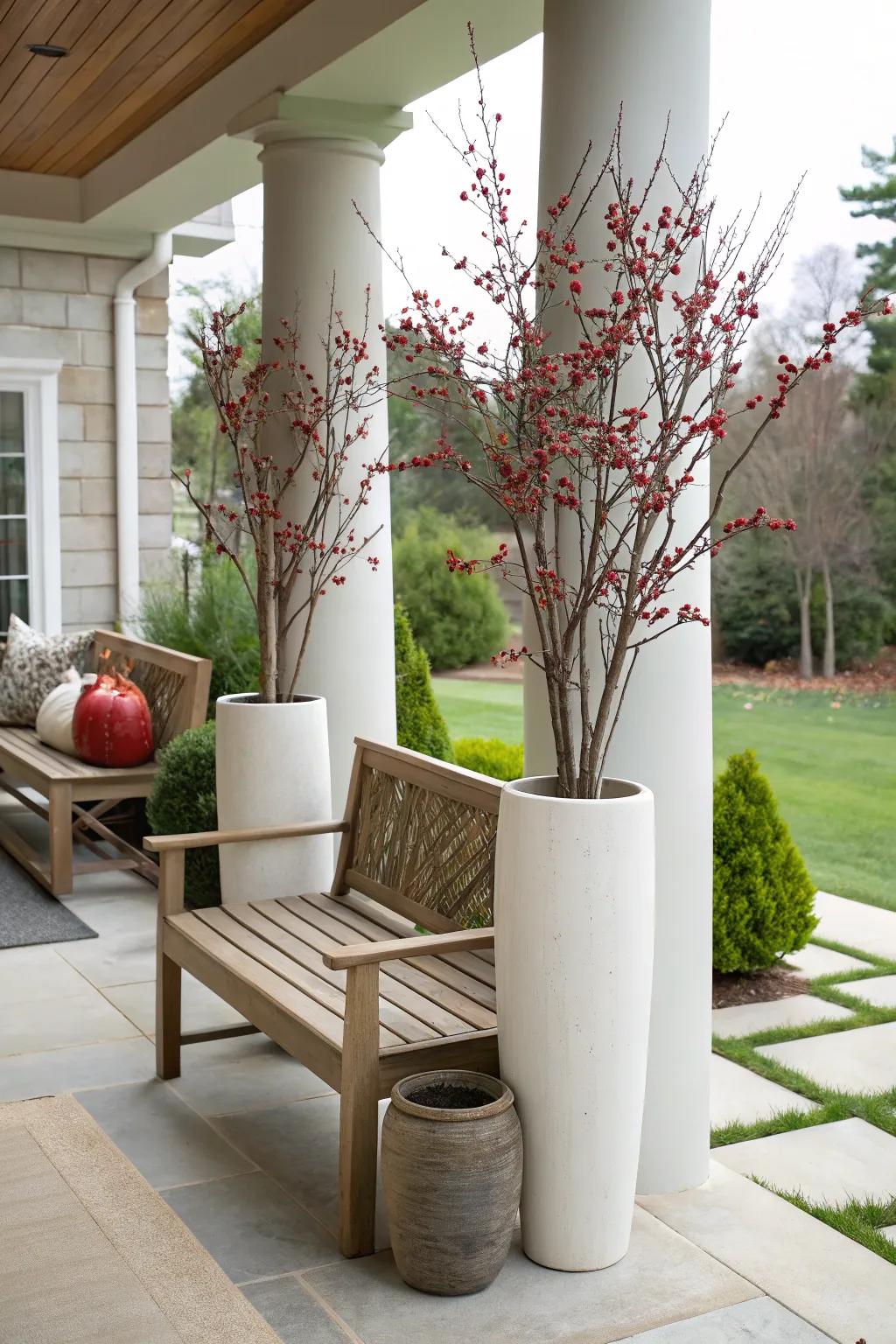 Tall vases showcasing elegant berry branches.