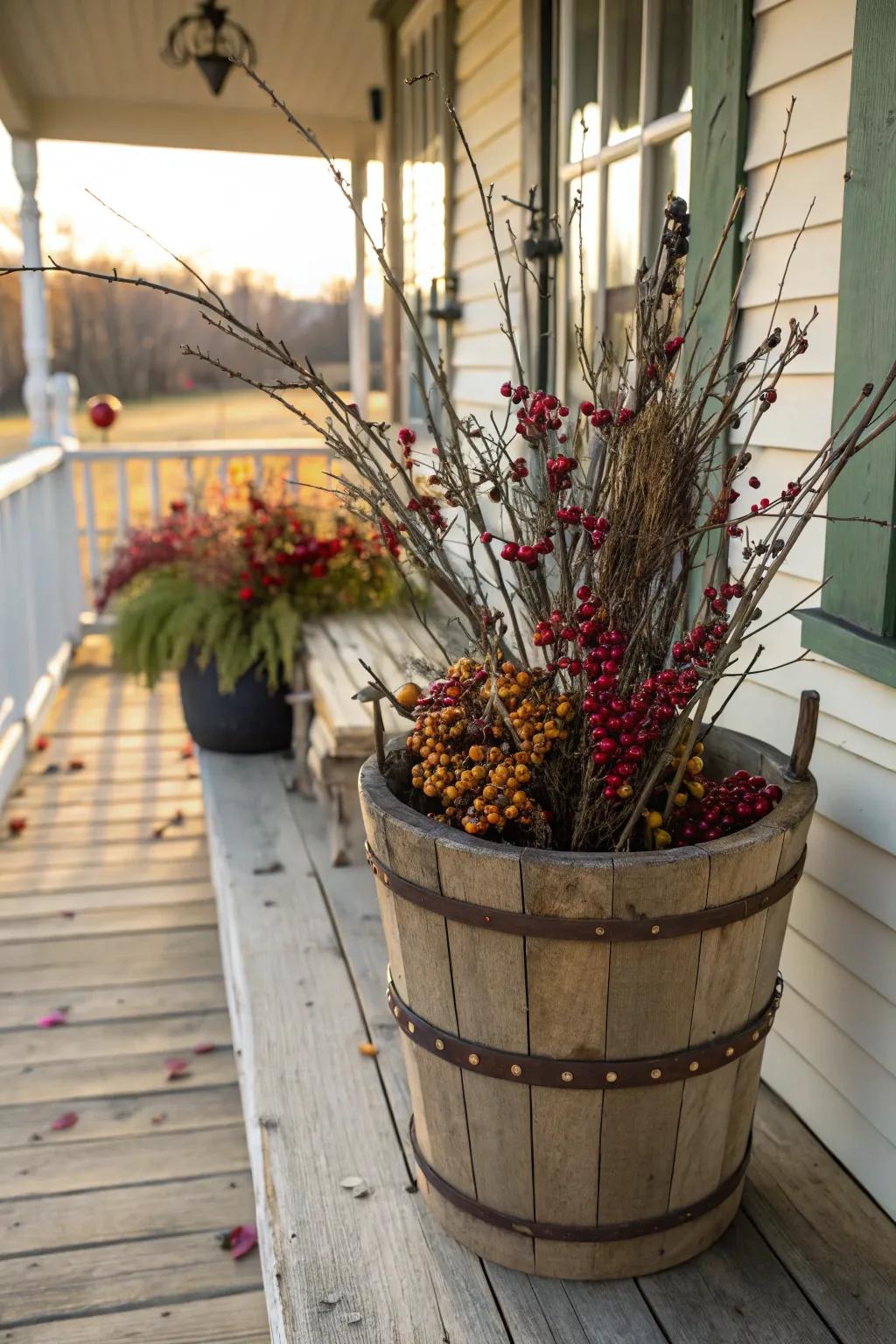 Rustic twigs and berries enhance texture.