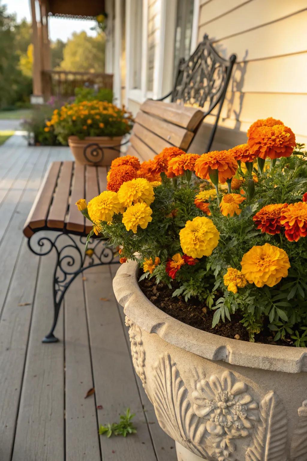 Vivid orange and yellow marigolds brighten the porch.