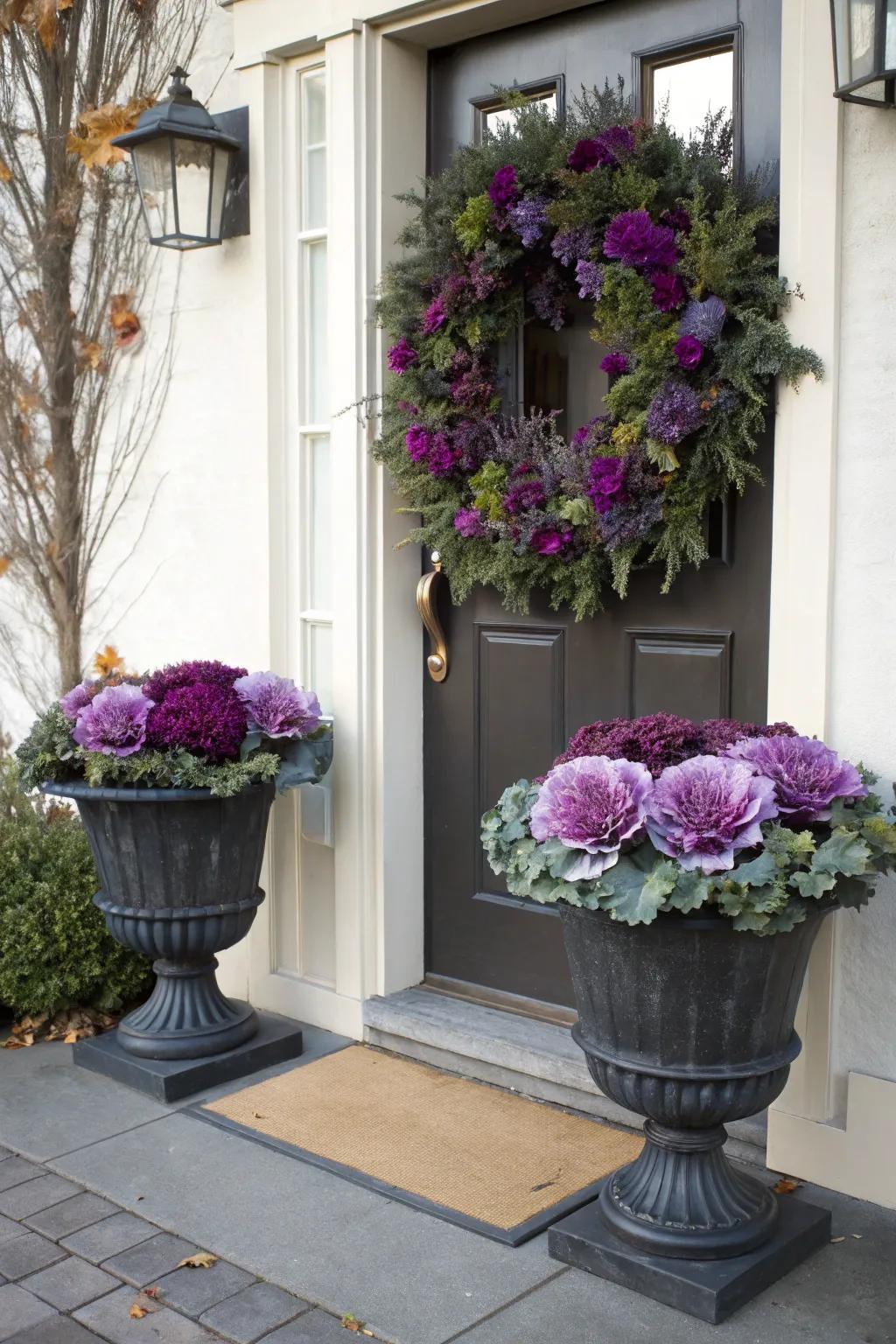 Black planters enhancing flowering kale’s colors.