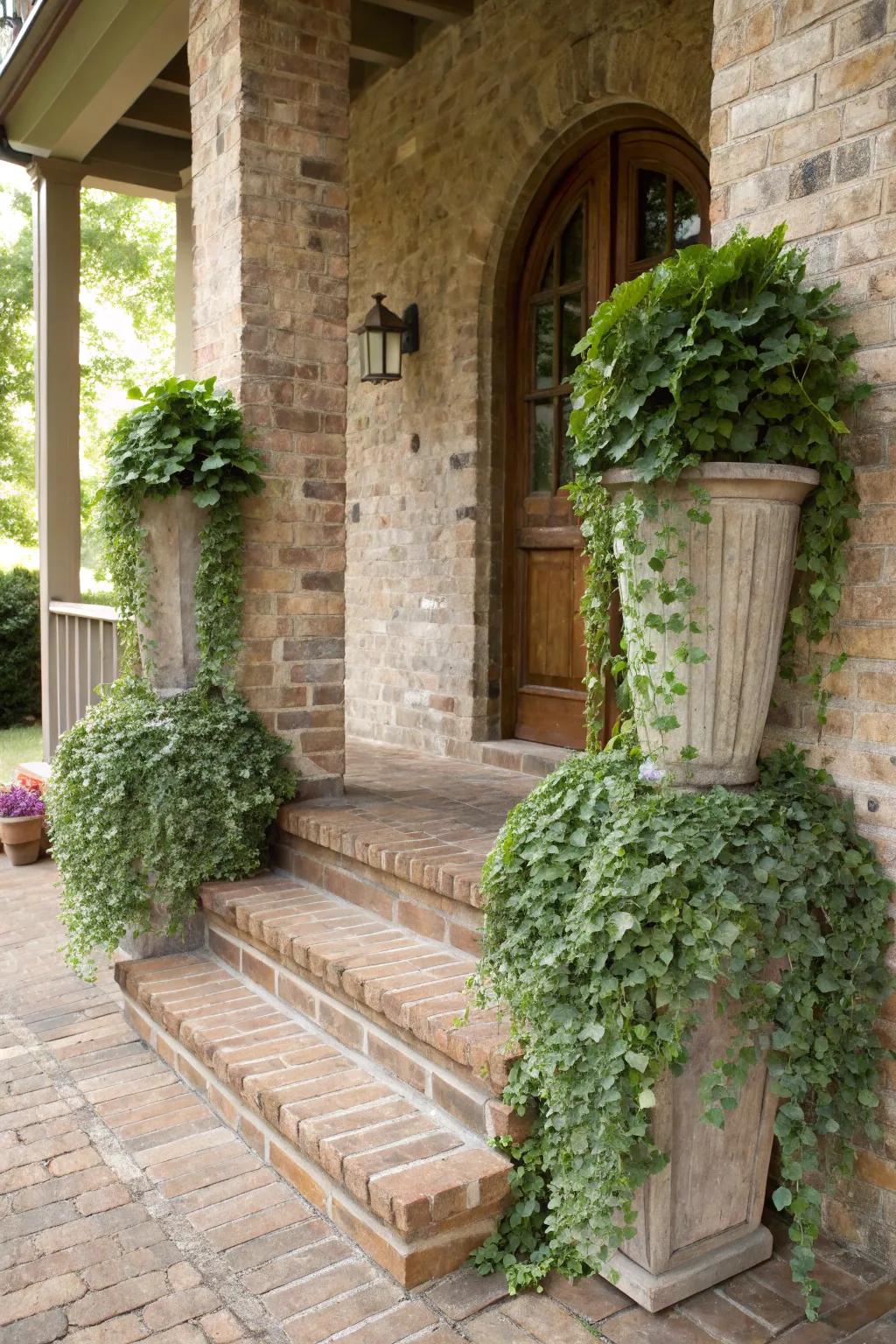 Lush ivy cascading elegantly from tall pots.