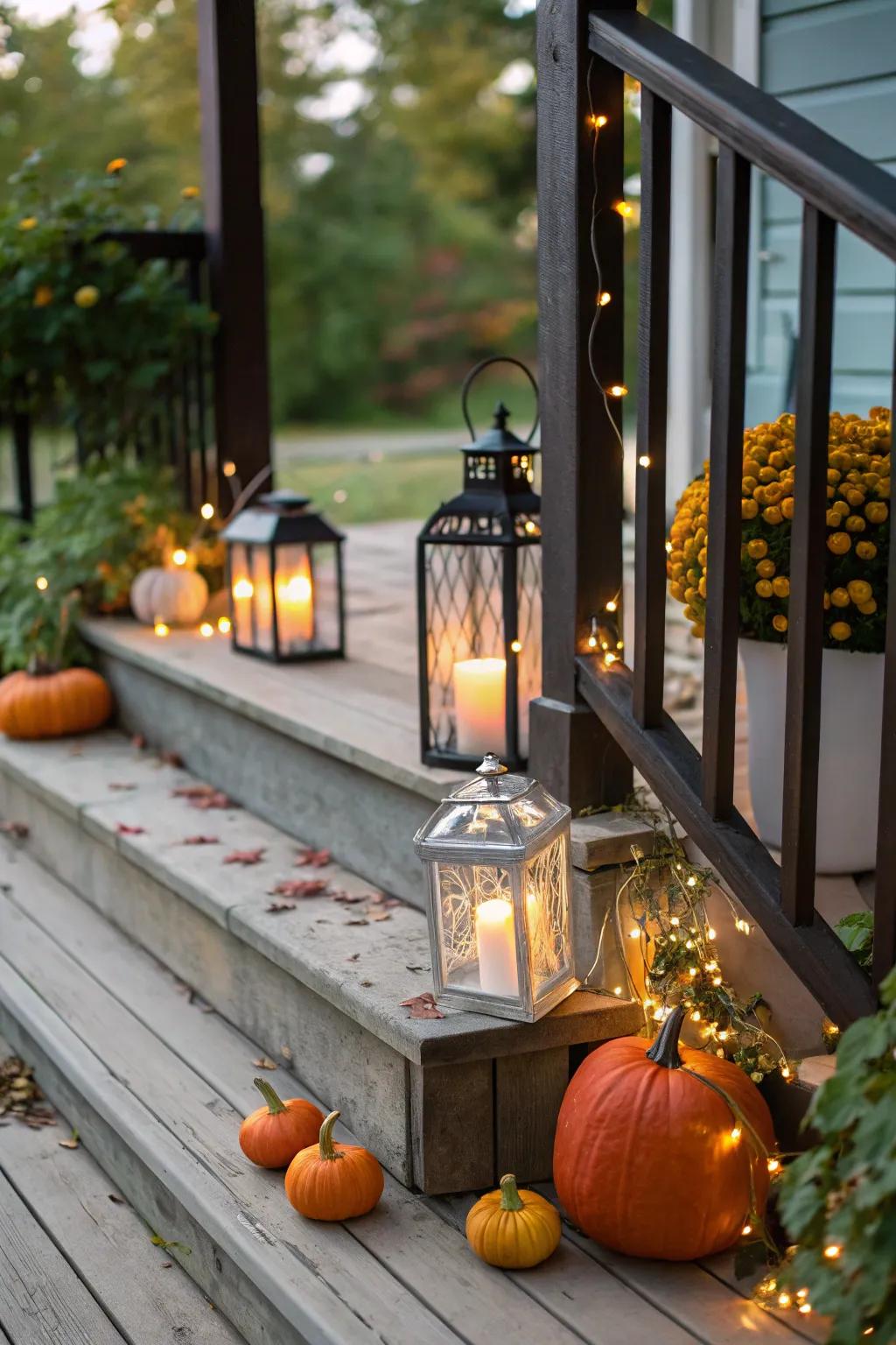 Lanterns illuminated by fairy lights create magical warmth.