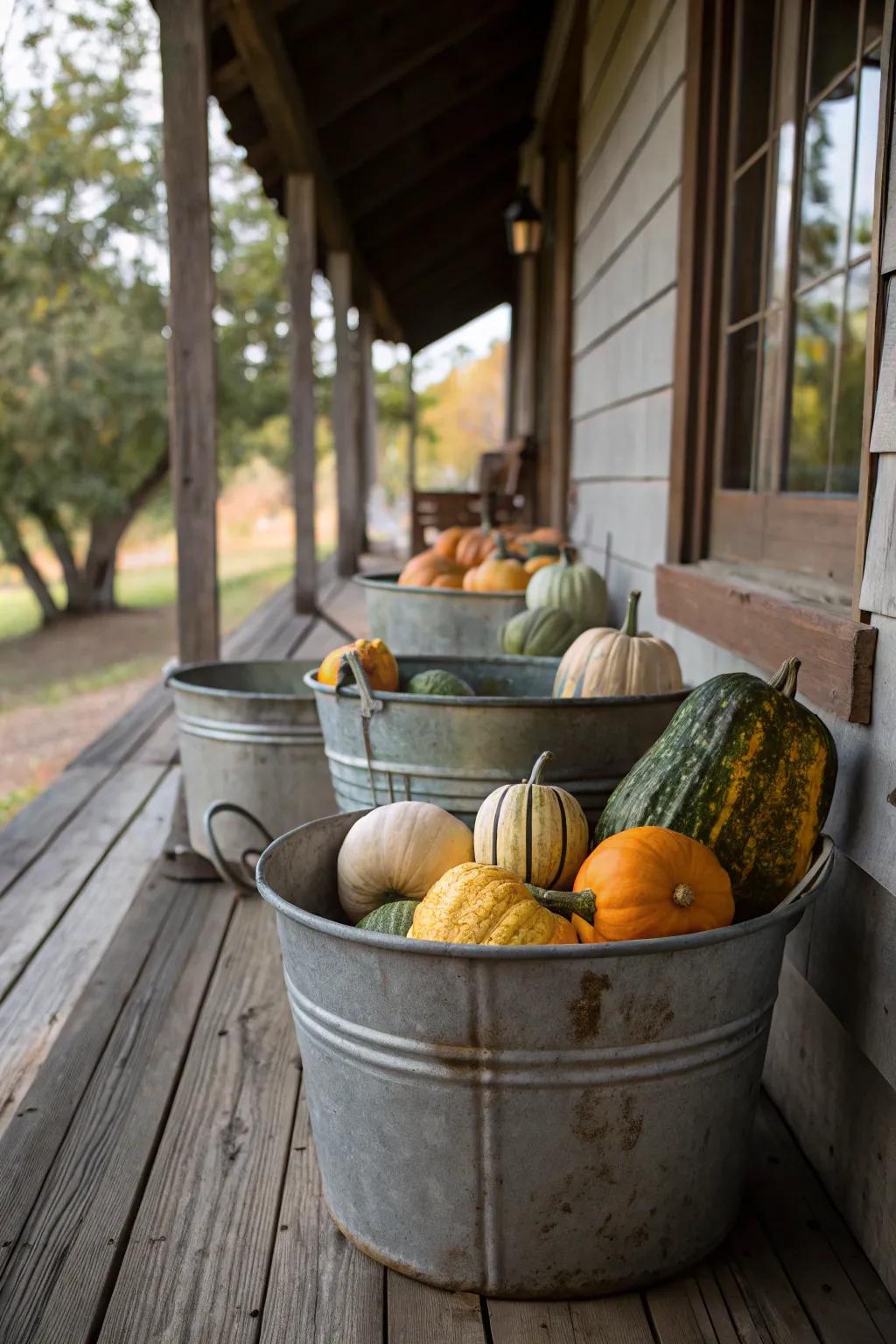 Metal buckets filled with vibrant gourds add a playful touch.
