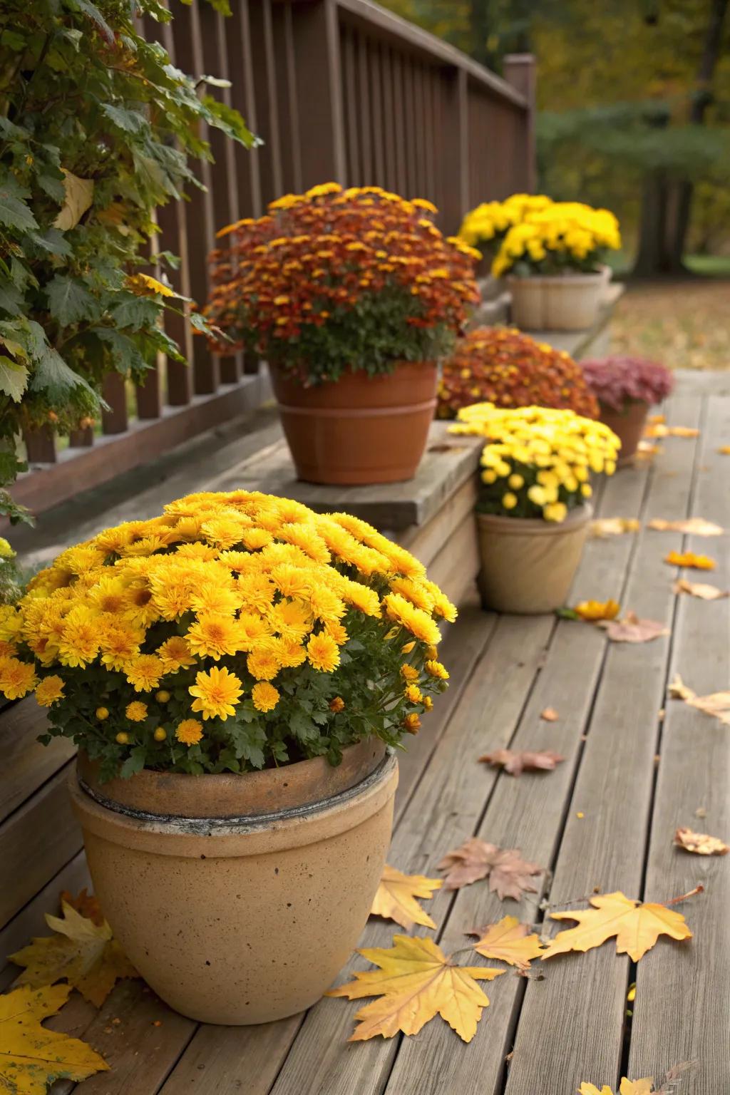 Ceramic pots bursting with classic fall mums.