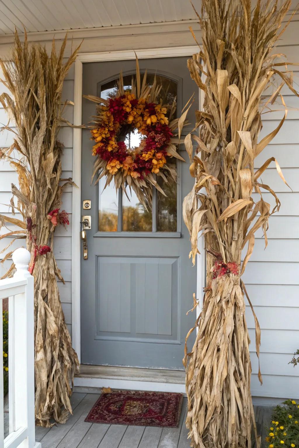Dried corn stalks add a vertical farmhouse touch.
