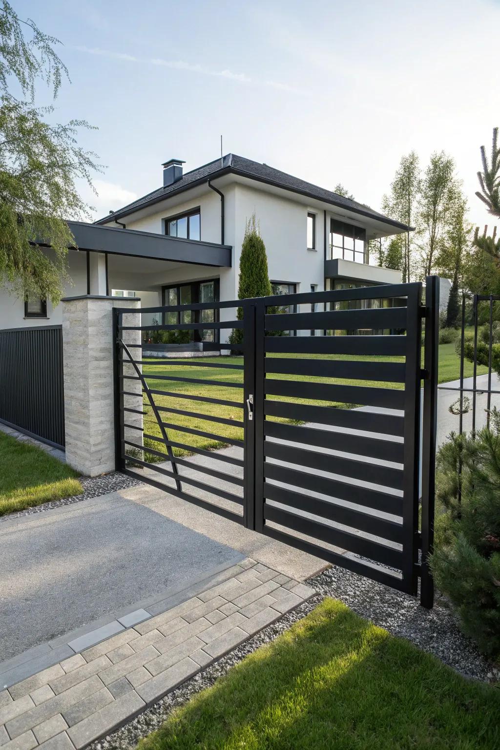A modern minimalist gate with sleek black metal and clean lines.