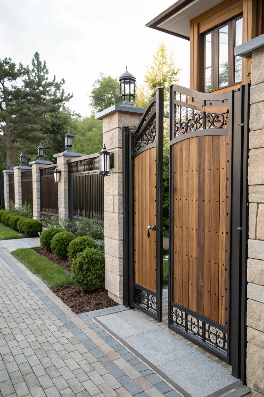A gate combining the warmth of wood with the strength of metal.