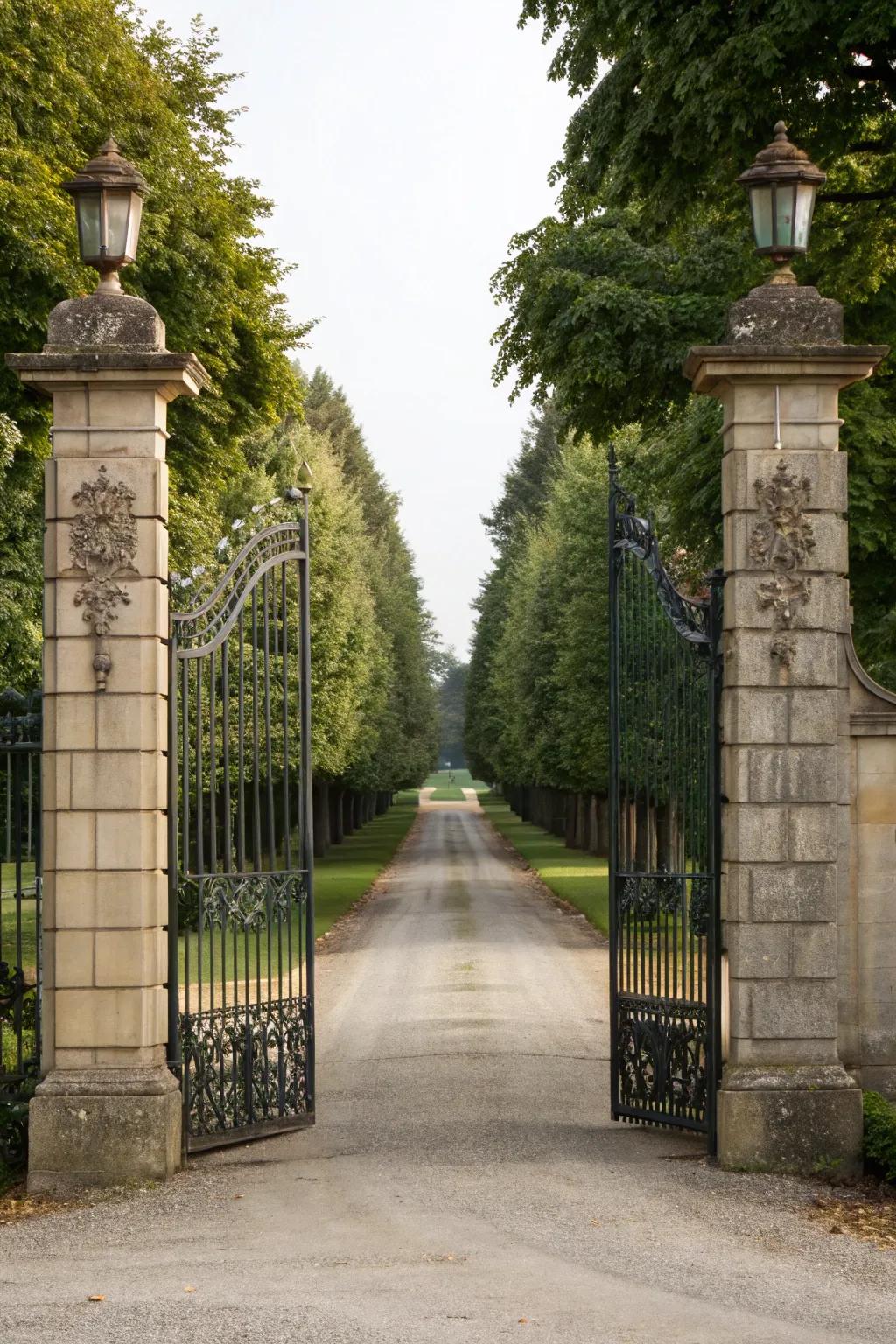 A grand entrance with stone pillars and elegant wrought iron.